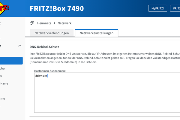 Fritz!Box router network settings showing DNS rebinding protection options